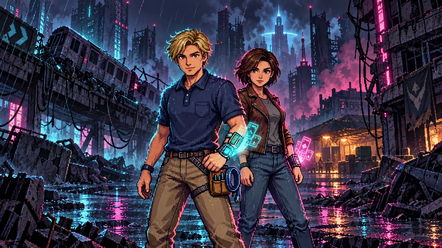 The protagonist and his future story ally stand together in a rain-soaked neon city in ruins